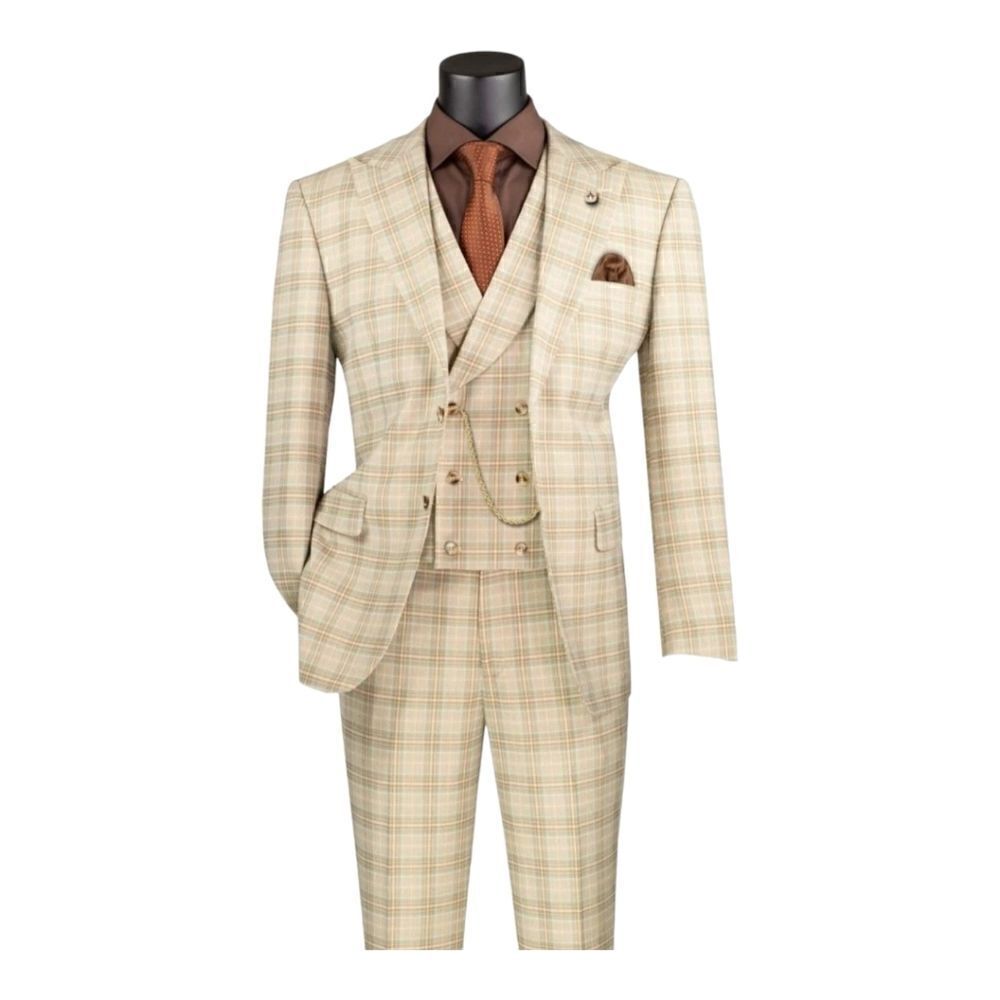 MEN'S VINCI 3 PIECE MODERN FIT KHAKI WINDOWPANE PLAID SUIT. MV2W-3 - Picture 2 of 3